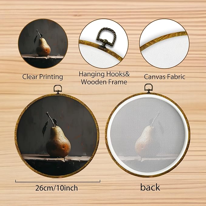 Hiuwevt Vintage Moody Pear Round Wall Art Decor, Dark Cottagecore Pear Framed Canvas Prints, Antique Farmhouse Fruit Round Wall Hanging Decor for Kitchen Dining Room Home Decorations, 10x10 Inches