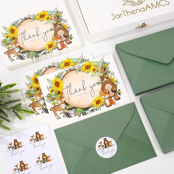 JarThenaAMCS 50 Pack Woodland Sunflower Thank You Cards Greenery Forest Animal Greeting Cards with Envelopes Stickers Blank Note Card for Birthday Baby Shower, 4 x 6 Inch