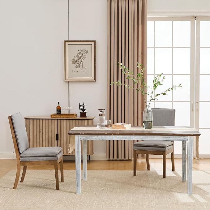 LZAREAL Farmhouse Dining Table for 4 6 Antiqued Solid Wood Dining Room Table Rectangular Color Blocking Kitchen Table for Dining Room Kitchen Restaurant, White and Walnut