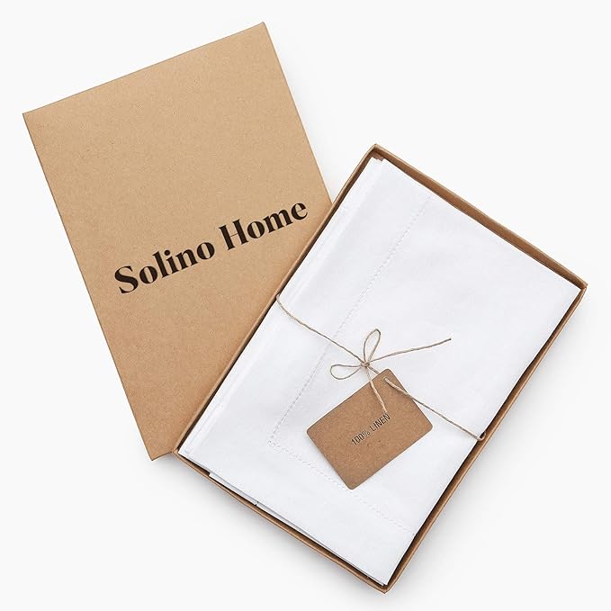 Solino Home White Linen Napkins Set of 4-100% Pure Linen Hemstitch Dinner Napkins 20 x 20 Inch for Winter, Valentines, Spring, Easter - Classic Hemstitch