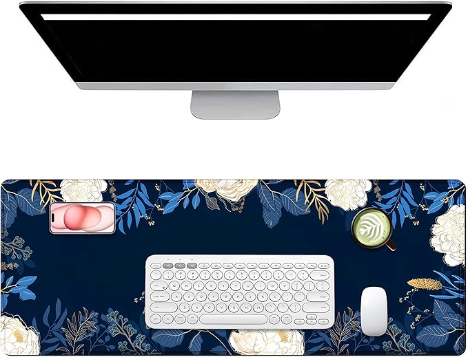 Flowers Plants Mouse Pads for Desk,Premium Textured Large Mouse Pad for Women with Non-Slip Rubber Base, Pink Gold Design Mouse Mat with Stitched Edge Desktop Protection Mat for Computers Laptop