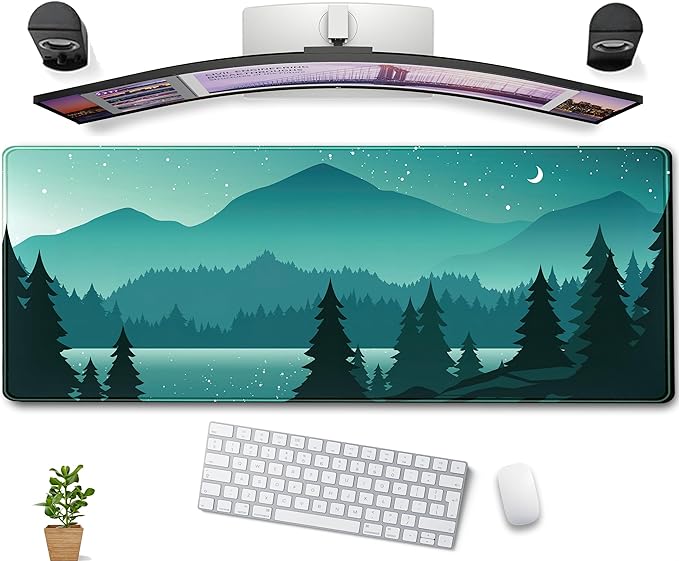 Aesthetics Sunset Mountains Green Desk Mat Mousepad, XL Large Gaming Mouse Pad, Cute Anime Moon Desk Pad Mouse Mat Girl Women Office Desk Decor Laptop Keyboard Mat with Stitched Edges 31.5''x11.8''