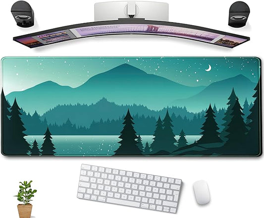 Aesthetics Sunset Mountains Green Desk Mat Mousepad, XL Large Gaming Mouse Pad, Cute Anime Moon Desk Pad Mouse Mat Girl Women Office Desk Decor Laptop Keyboard Mat with Stitched Edges 31.5''x11.8''