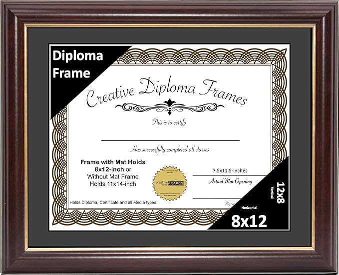 Creative Picture Frames 8x12 Mahogany Gold Rim Diploma Frame with Black Mat Glass Easel and Installed Wall Hangers | Frame Holds 11x14 Media without Mat