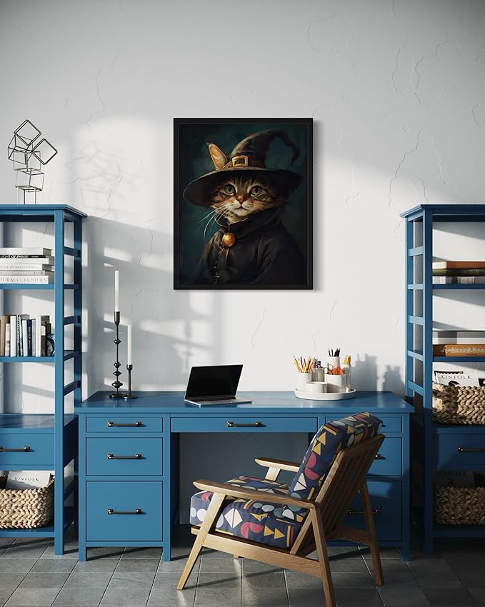 Witch Cat Art Poster Print, Kitten Painting Humor Portrait Pet Artwork Decor Gallery A8 (Witch Cat, 11 x 14 inches, Black Frame)