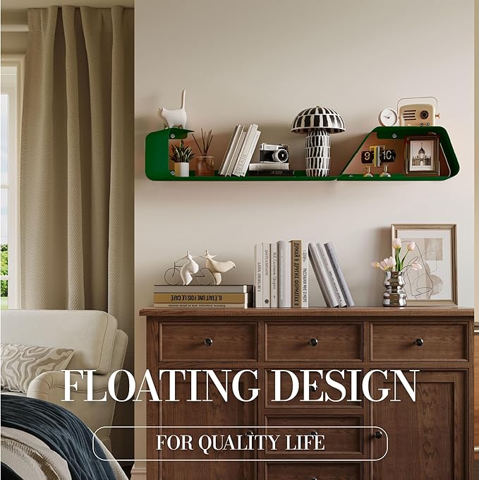 Floating Shelves, Wall Shelf Decor, Set of 3 Mounted Metal Shelves with Unique Design for Wall Storage, Book Shelf, Display Shelves for Bathroom Bedroom Kitchen Living Room for Home Green