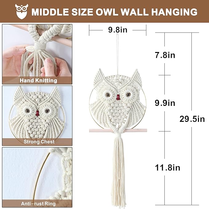 MVSUTA Owl Ivory Cotton Handmade Macrame Wall Hanging Tapestry Home Decor Art and Beige Craft Wonderful Decoration Woven Boho Ornament for Office Bedroom Apartment Living Cream Nursery Gallery,1pc