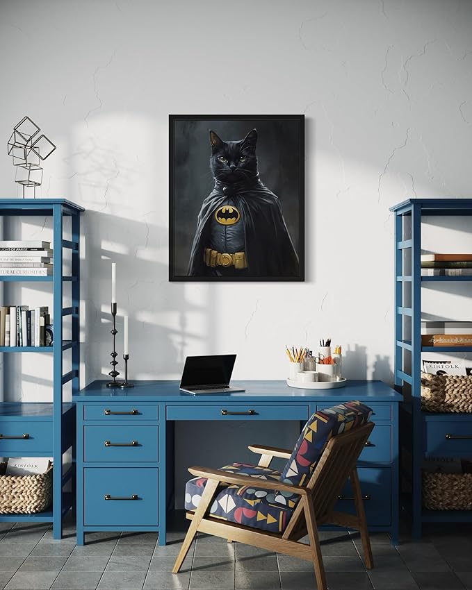 Superhero Cat Art Poster Print, Kitten Painting Humor Portrait Pet Artwork Decor Gallery A8 (Superhero Cat, 16 x 20 inches, Black Frame)