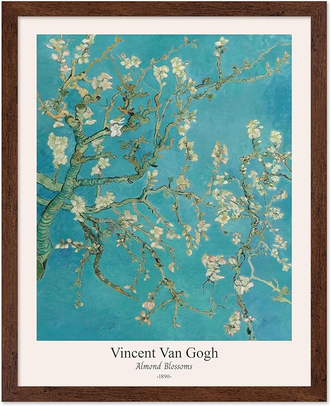Monem Art Vintage Van Gogh Poster - Retro Almond Blossoms Print - Impressionism Art - Fine Art - Classic Painting Art - Flower Art - Floral Bedroom or Office Wall Decor - 16x20 Brown Framed