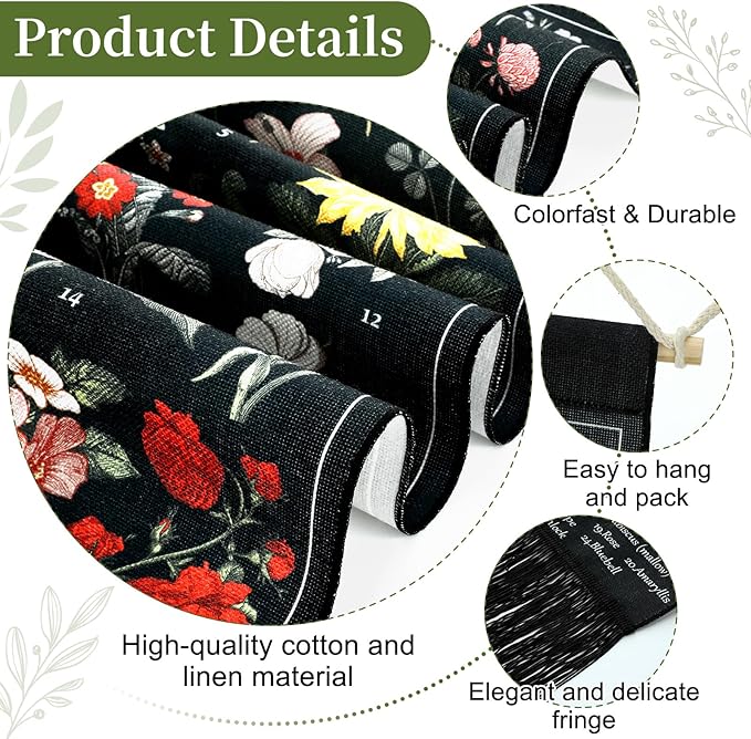 Geetery Vintage Floral Vertical Tapestry Wall Hanging Long Narrow Wall Fabric Flower Hanging Reference Illustrative Botanical Tassel Tapestry for Home Decor Gift (Black)