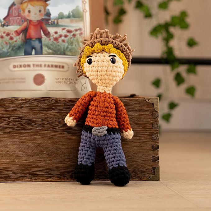 Amigurumi Crochet Kit for Beginners Adults and Kids, Learn to Crochet Kits for Adults Beginner with Easy Yarn, Stuffed Crochet Animal Kit with Step-by-Step Video Tutorials – Dixon the Farmer