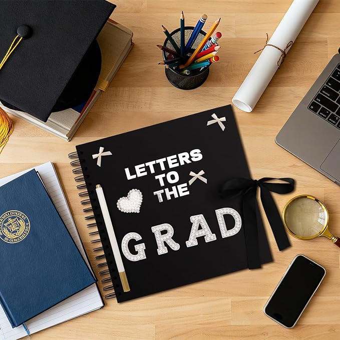 BINBE 10 x 10 Inch Letters to The Grad Scrapbook School Memory Book DIY Blank Paper Scrapbook Photo Album Book Sign with Pearl Stickers, Metallic Letters, Bows Black