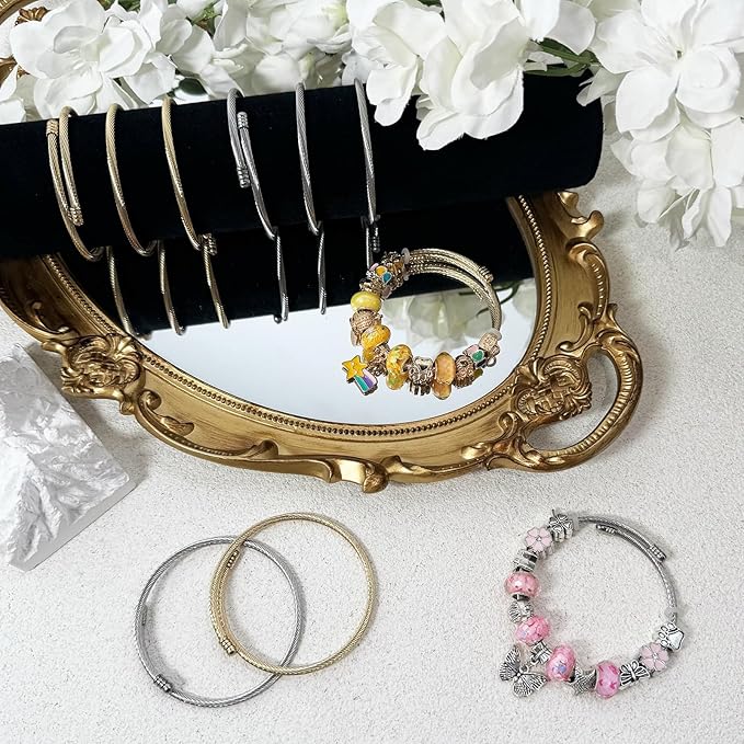 Exway 10 Pcs Elastic Charm Bracelet Chain Stainless Steel Cable Wire Twisted Cuff Bangle Bracelet Gold and Sliver Charm Bracelets Kit for Crafts DIY Women Jewelry Making