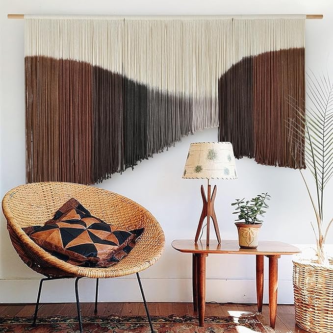 Jakalin Large Macrame Wall Hanging Handmade Geometric Dip Dyed Brown Boho Fiber Wall Decor for Living Room Fiber Yarn Wall Art