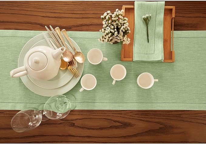 Solino Home Linen Table Runner 120 Inches Long - Milan Hemstitch 100% Pure Linen Pistachio Dining Table Runner 14 x 120 Inch - Spring, St Patricks Day, Easter