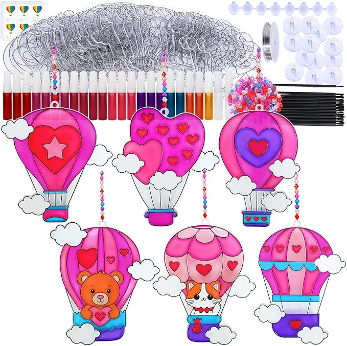 Winlyn 24 Sets Heart Hot Air Balloon Suncatchers Ornaments Decorations DIY Window Paint Art Craft Kits Sun Catcher Painting Kit for Kids Valentine's Day Classroom Activities Party Favors Gift Exchange