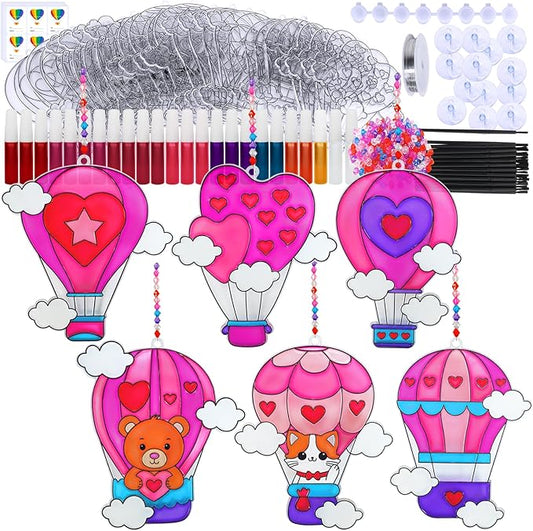 Winlyn 24 Sets Heart Hot Air Balloon Suncatchers Ornaments Decorations DIY Window Paint Art Craft Kits Sun Catcher Painting Kit for Kids Valentine's Day Classroom Activities Party Favors Gift Exchange
