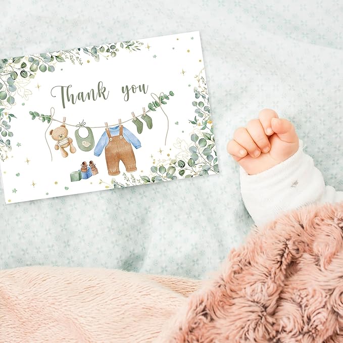 24 Pack Greenery Baby Shower Thank You Cards Bulk Eucalyptus Leaves Greeting Cards with Envelopes Stickers Blank Note Cards for Birthday Party Supplies, 4 x 6 Inch