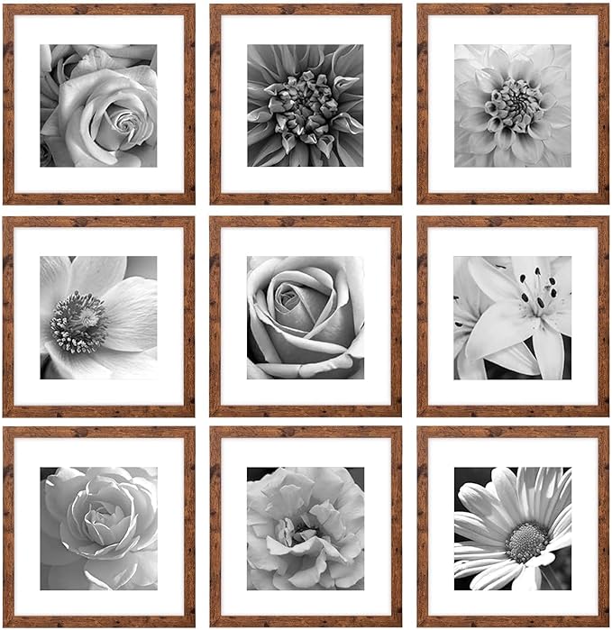 eletecpro 12x12 Picture Frames Set of 9 with Mat for 8x8 Photos or without Mat for 12x12, Square Gallery Wall Decor Collage for Picture Display, Rustic Brown Frame Set for Wall Hanging