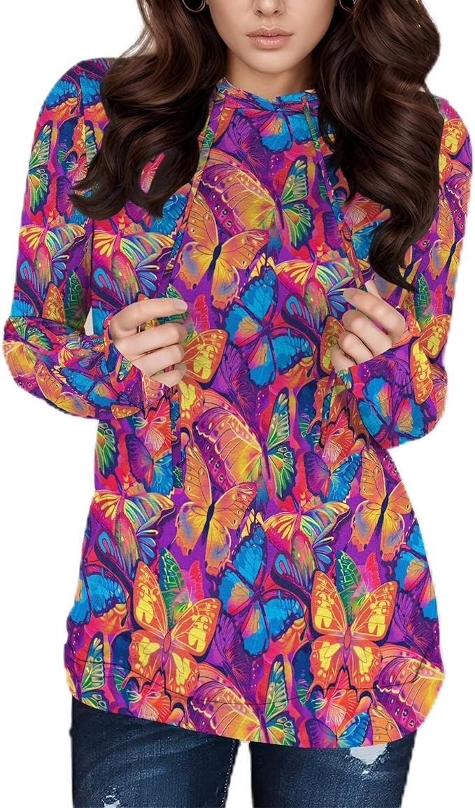 Hooded Sweatshirt Women Fall Butterfly Sweatshirts Lightweight Long Sleeve Pullover Tops Trendy Outfits Plus Size