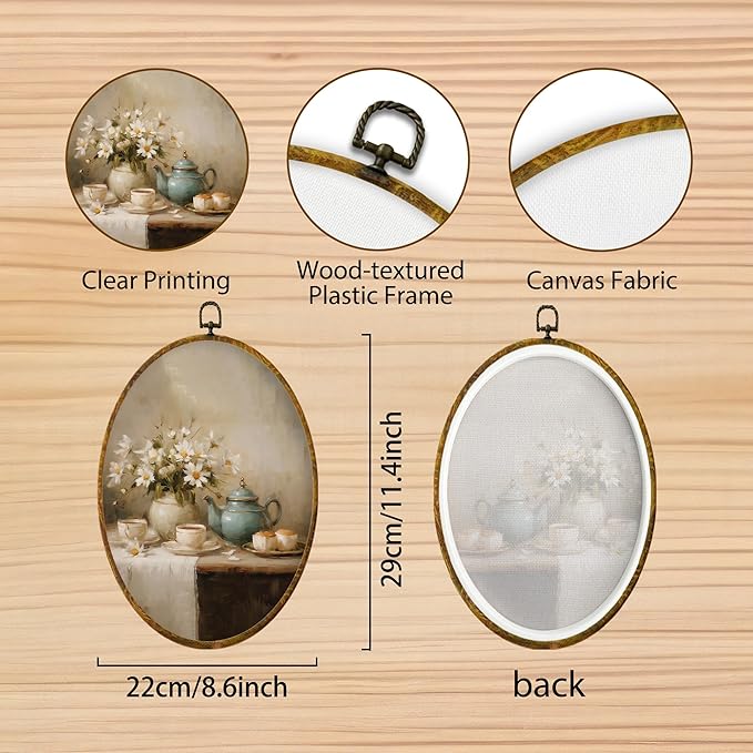 Hiuwevt Vintage Teapot Floral Oval Wall Art Decor, Antique Still Life Framed Canvas Prints, Rustic French Country Oval Wall Hanging Decor for Home Kitchen Decorations, 8.6x11.4 Inches