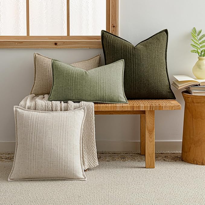 a moment Linen Pillow Covers Set of 2,Boho Farmhouse Throw Pillowcases Neutral Textured Decorative Covers for Couch Sofa,Linen Blend Accent Case Cushion Living Room Home Decor 24"x24"Seeding Green