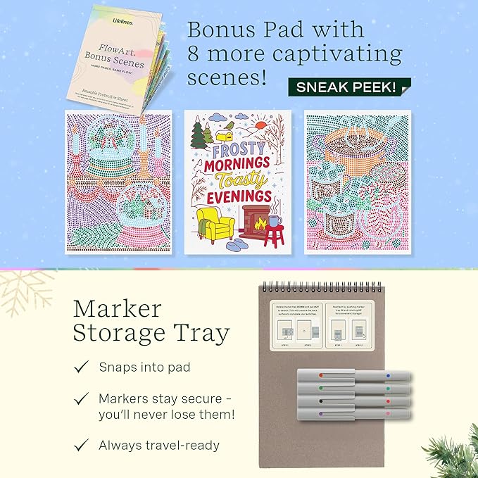 Lifelines FlowArt Activity Pad, 2-Pack Winter Set + Bonus Pad - Guided Art Meditations with Markers – Dot-by-Letter & Illuminate & Create - Coloring Books for Tweens, Adults & Seniors