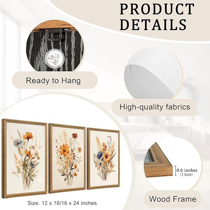 Framed Vintage Wildflower Canvas Wall Art Set of 3 Floral Country Farmhouse Watercolor Flowers Prints Rustic Wood Frame Botanical Artwork Poster for Bedroom Living Room Girls Room Decoration 16" x 24"