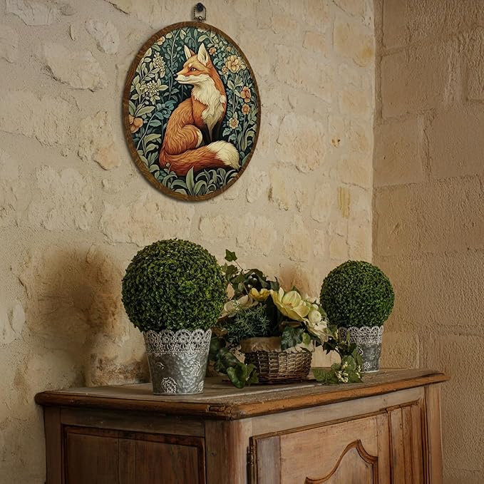 KLYTINK William Morris Inspired Vintage Fox Wall Art,Round Canvas Frame,Retro Animal Design Hanging Round Wall Decor for Bedroom Living Room,or Office 10x10inch (Fox)