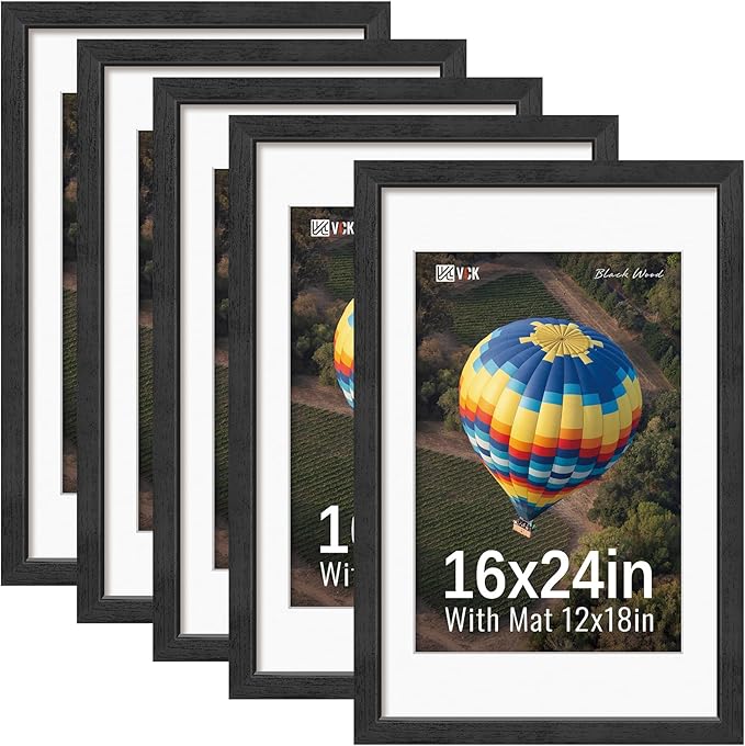 VCK 16x24 Picture Frames Black Set of 5, Wide Border Wood, Display 12x18 Photo with Mat or 16 x 24 without, for Home, Office, Gallery, Woodgrain Series, Wall Hanging