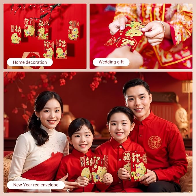 36pcs Red Envelopes Chinese New Year, Chinese Traditional Lucky Money Hong Bao Red Envelope Pockets for 2026 Spring Festival, Lunar New Year, 6 Cartoon Horse Designs,L