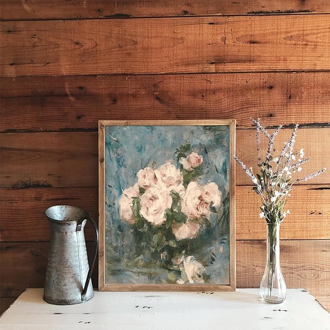 uniro Vintage Floral Wall Art, Retro Flower Botanical Painting, Farmhouse Wall Decor Rustic Still Life Pink Roses Canvas Prints Painting French Decor, Vintage Art Pictures for Bedroom Bathroom ( 8" x 10"-UNFRAMED)
