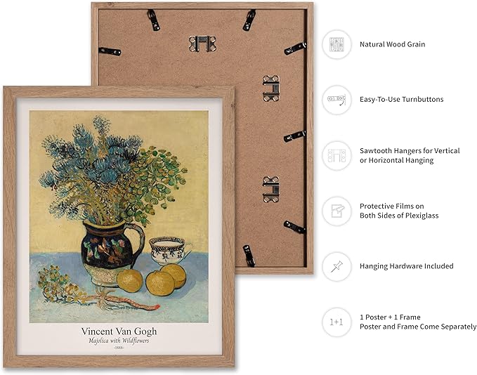 Monem Art Vintage Van Gogh Poster - Retro Majolica with Wildflowers Print - Impressionism Art - Flower Art - Fine Art - Classic Painting Art - Floral Living Room Decor - 16x20 Beige Framed
