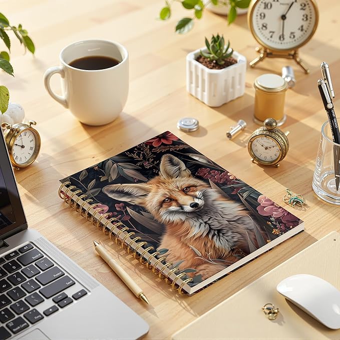Vintage Floral Fox Notebook, Whimsical Forest Animal Journal, Fox Gifts for Women, Dark Cottagecore Flower Aesthetic Spiral Notebook Journal, 5.5x8.3 Inch