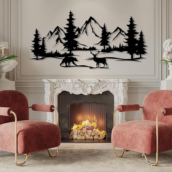 DecoSoul Mountain & Forest Metal Wall Art - Extra Large Farmhouse Wall Decor, Pine Tree & Bear Outdoor Metal Sign, Mountain Range View, Housewarming Gift