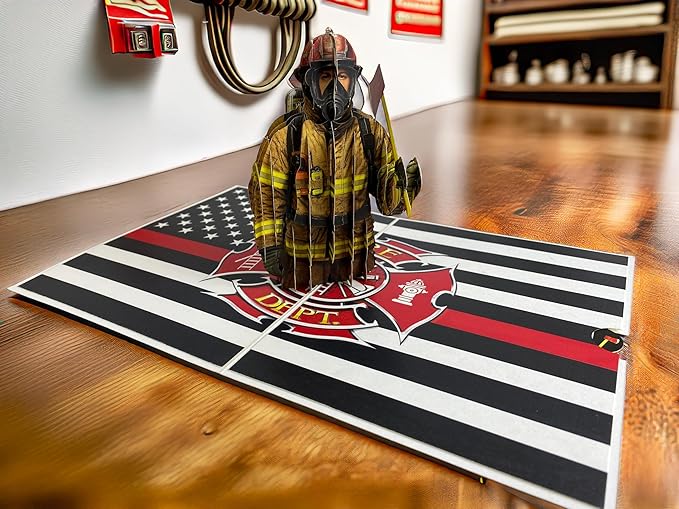 3D Pop Up Greeting Card – Handmade Firefighter Card with American Flag – Heroic Fireman with Axe – Birthday, Father’s Day, Graduation, Retirement, Thank You Card for Firefighters