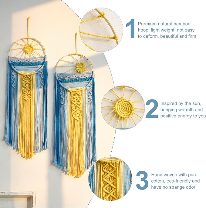 2 Pack Blue Sun Wall Decor Macrame Hanging Tapestry Sunshine Sunset Wall Art Set, Rustic Woven Tapestries Boho Dream Catcher Colorful Decor for Bedroom Living Room Nursery (Blue 2Pcs)