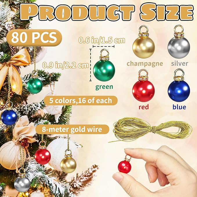 80 Pcs Christmas Mini Balls Ornaments,Colorful Imitation Pearl Pendants,Xmas Tree Hanging Decorations Rustic Ornaments for Christmas Holiday Party DIY Craft Decor
