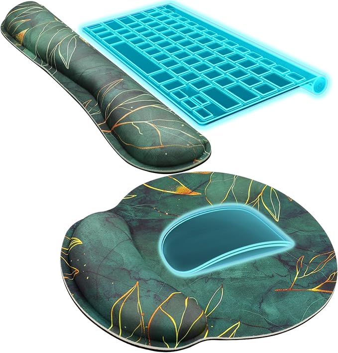 KTRIO Ergonomic Keyboard Wrist Rest, Memory Foam Mouse Pad with Wrist Rest for Computer Keyboard, Mouse Pad Set for Easy Typing & Pain Relief for Office & Home, Green Leaves