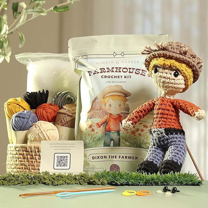 Amigurumi Crochet Kit for Beginners Adults and Kids, Learn to Crochet Kits for Adults Beginner with Easy Yarn, Stuffed Crochet Animal Kit with Step-by-Step Video Tutorials – Dixon the Farmer