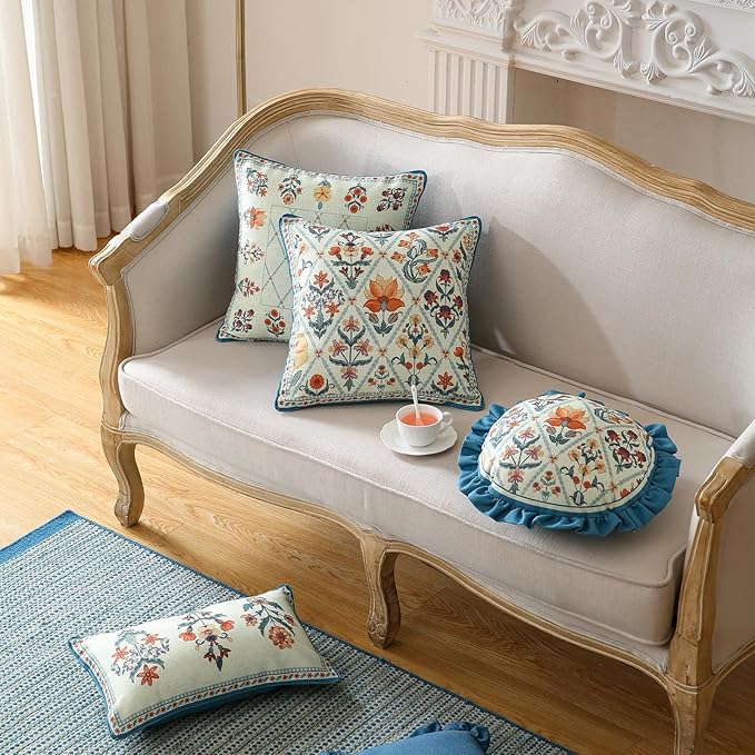 ISAENNE Design Linen Throw Pillow Covers Set of 4, Blue Country Cushion Covers with Colorful Wildflower Pattern Decor Lumbar Round Square Pillowcases for Bed,Living Room,Outdoor,Car