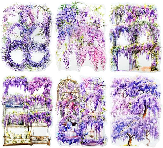 Wisteria Floral PET Sticker Set, 60Pcs Purple Flower Stickers for Scrapbooking, Journaling, Junk Journal Supplies, and DIY Crafts