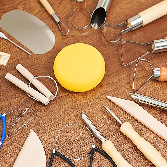 eZAKKA 8 Pcs Pottery & Clay Sculpting Tools, Double-Sided, Ceramics Tools Smooth Wooden Handles for Trimming, Embossing Pattern
