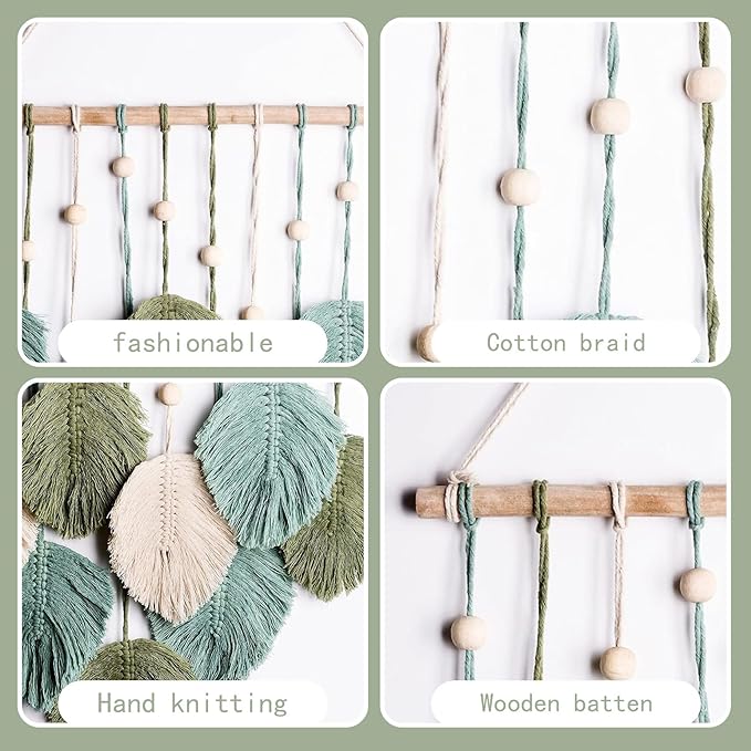 LB Macrame Wall Hanging Decor, Boho Chic Feather Wall Decor Macrame Photo Wall Hanging Handmade Yarn Woven Wall Art Green Leaf Tapestry for Bedroom Living Room Nursery Office Backdrop, 16x35 Inch