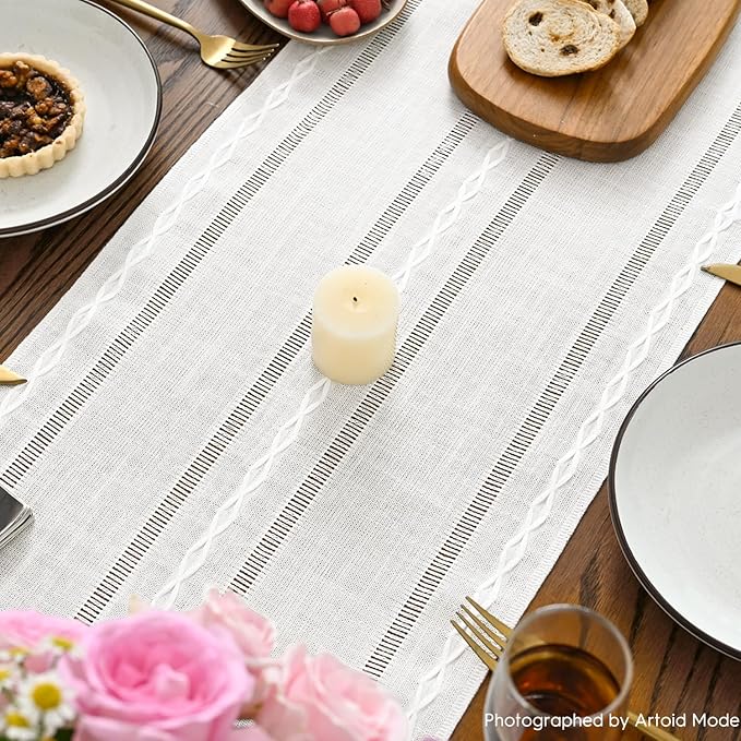 Artoid Mode Rustic Cotton Linen Table Runner, Seasonal Embroidered Hollow Kitchen Dining Table Decoration for Home Party Decor 13x36 Inch