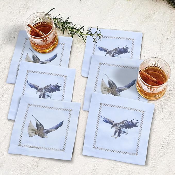Cocktail Napkins Set of 6, 6x6 inch, 100% Pure Cotton, Printed Animal Pattern, Reusable & Washable Cloth Coasters for Beverages, Hosting, Gifting & Everyday Use (Eagle - White)