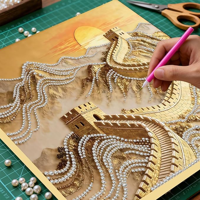 DIY Pearl Painting Kit with Wooden Frame, 3D Plastic Pearl Gemstone Ocean Art Craft for Adults Beginners, Diamond Art Kits for Adults, Home Wall Decor Ready Gift for Women(Great Wall)(30 * 30cm)
