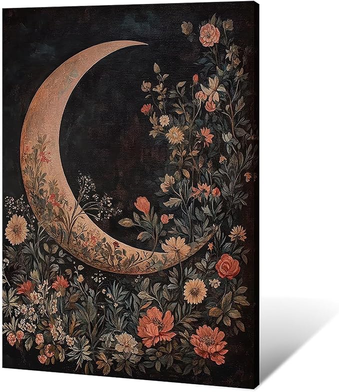 Crescent Moon Floral Canvas Poster Modern Trendy Lunar Wall Art Vintage Dark Celestial Painting Prints Whimsical Botanical Aesthetic Home Decor for Bedroom Living Room 16x24inch Framed
