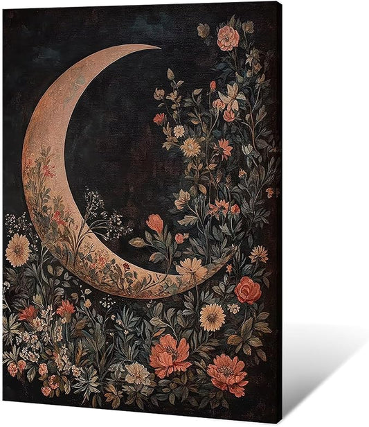 Crescent Moon Floral Canvas Poster Modern Trendy Lunar Wall Art Vintage Dark Celestial Painting Prints Whimsical Botanical Aesthetic Home Decor for Bedroom Living Room 20x30inch Framed