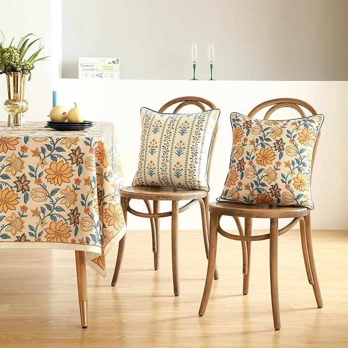 ISAENNE Design Simple Elegant Linen Throw Pillow Covers Set of 4, Blue Yellow Floral Pattern Cushion Covers Decor Lumbar Round Square Pillowcases for Bed,Living Room,Outdoor,Car